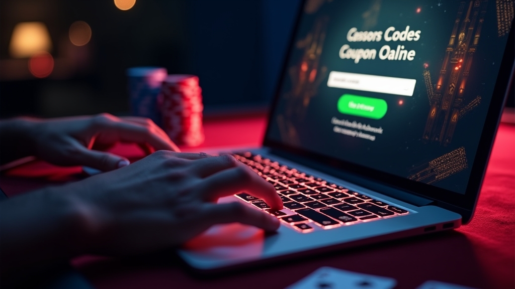 Formulario de canje con cupón, teclado iluminado y aviso de bono en un casino oscuro