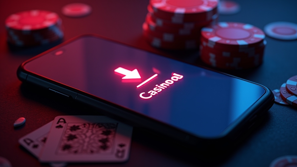 Pantalla de móvil con descarga segura de la app en un casino con luces neón