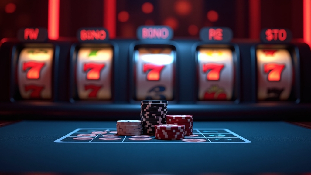 Mesa de casino con fichas, contador de bono y tragaperras al fondo en ambiente oscuro