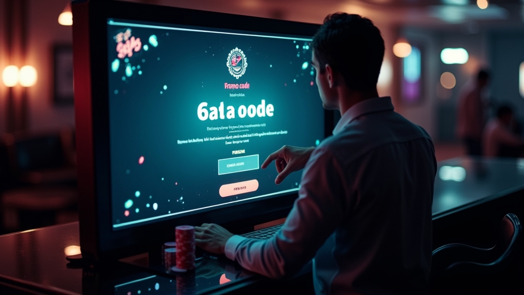 Jugador introduciendo un código promocional en una pantalla de casino iluminada