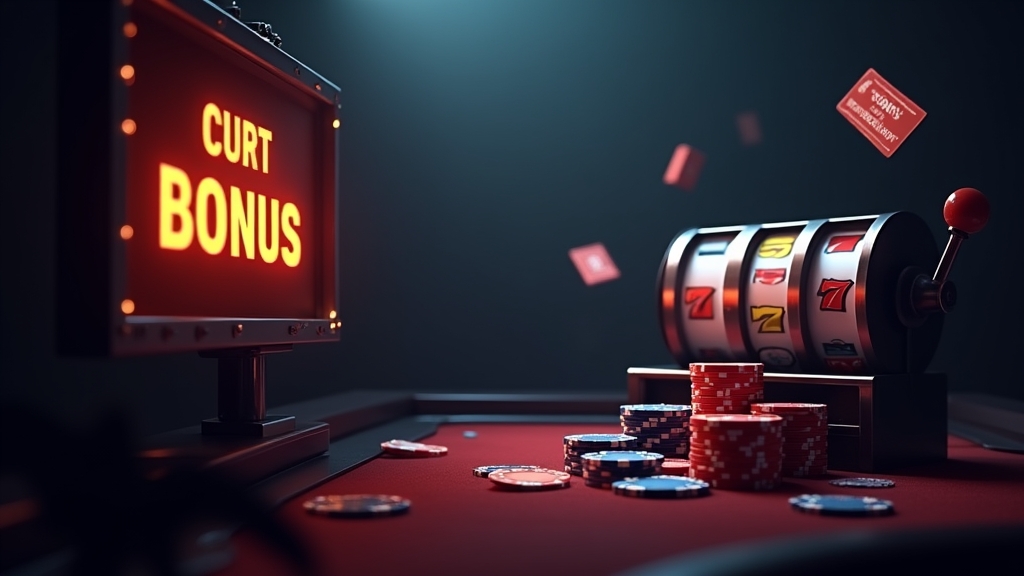 Panel de bono con fichas, ruletas y condiciones promocionales en un casino oscuro