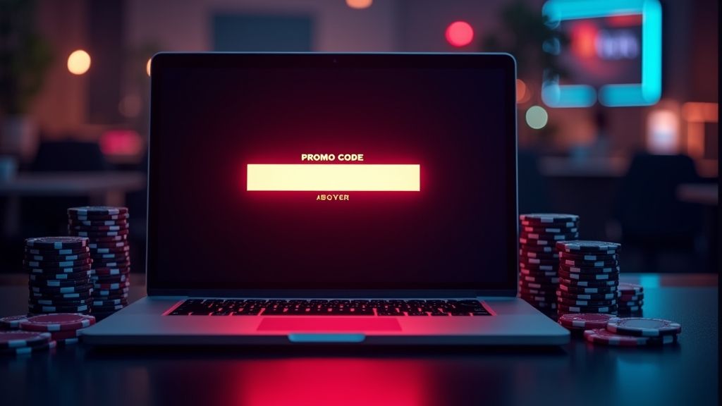 Pantalla de promoción con campo para código y fichas en un entorno de casino oscuro