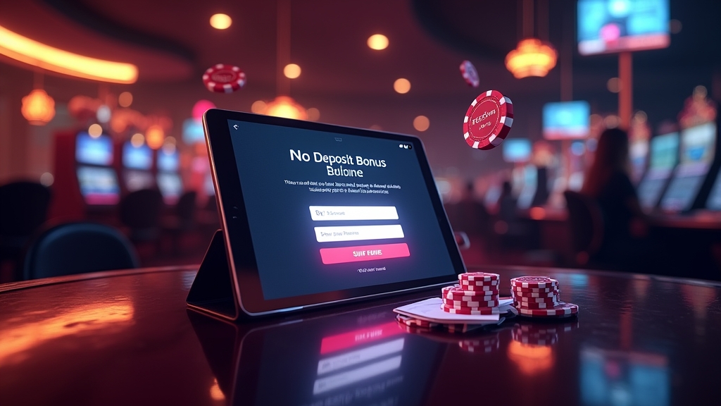 Bono sin depósito representado en un casino oscuro con verificación de cuenta