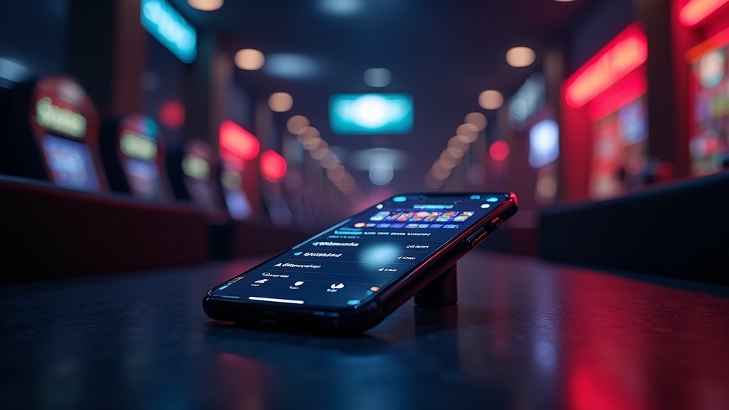 Teléfono móvil con una app de casino iluminada en un ambiente oscuro